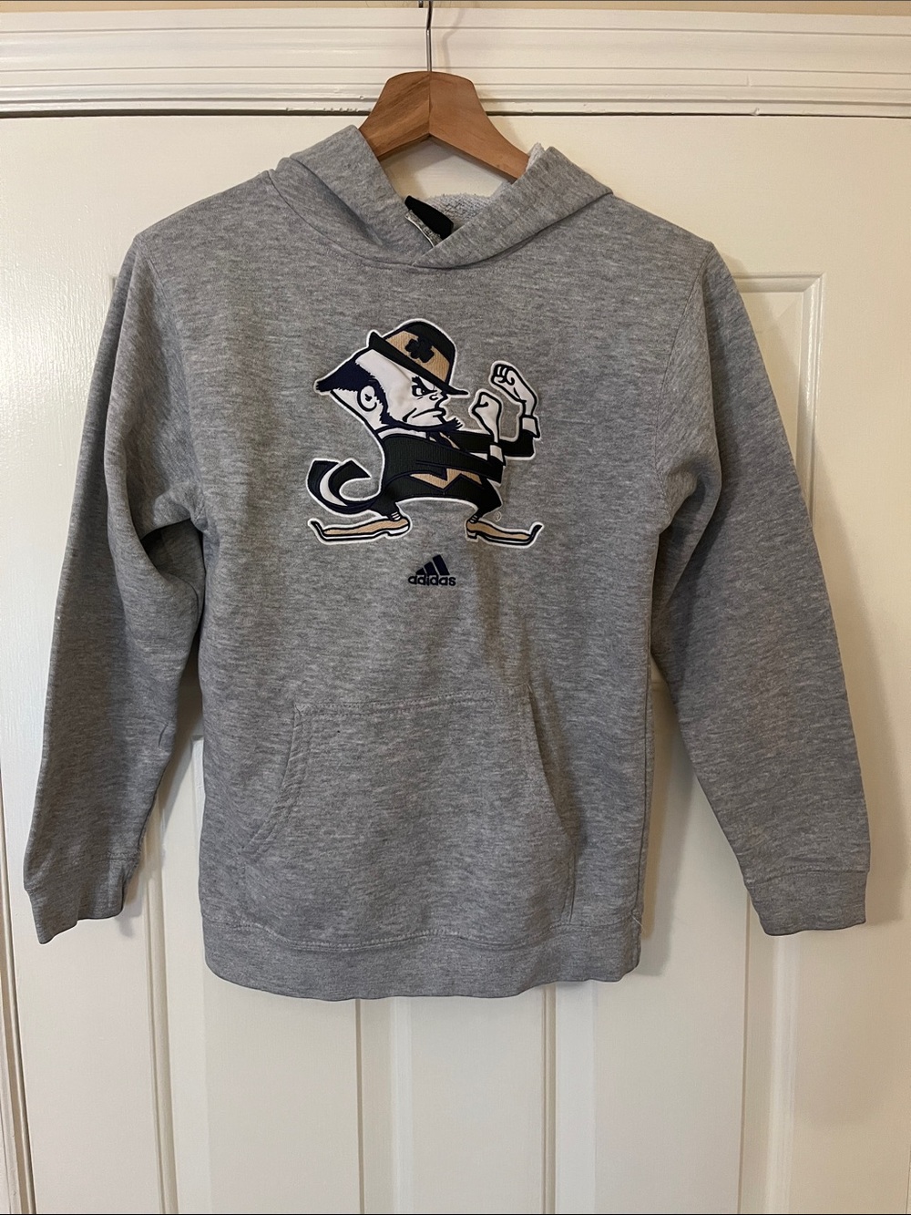 adidas Men's Gray Hoodie with Navy and Gold Notre Dame Leprechaun Logo